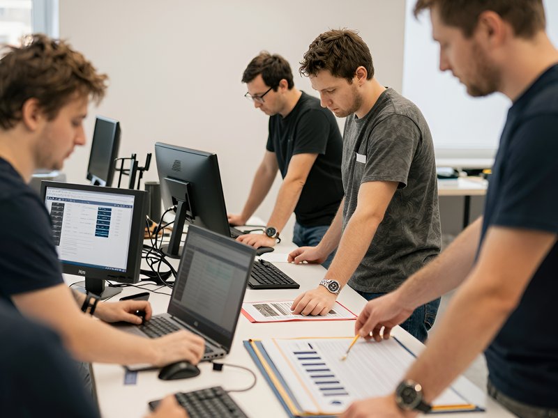 Команда специалистов компании Тут Выгодно работает над совместным проектом в современном светлом офисе